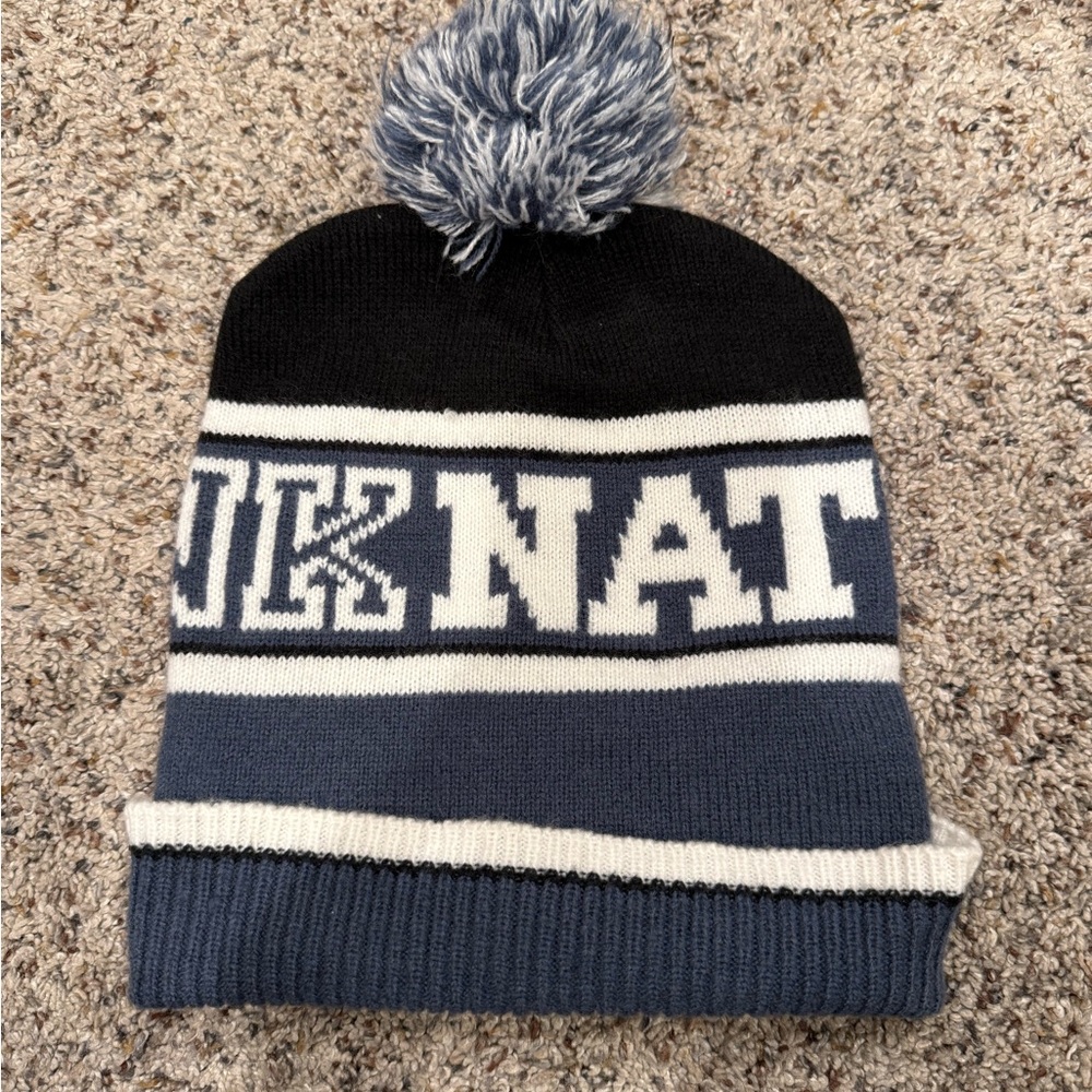 PINK Victoria's Secret Blue and White Knit Beanie